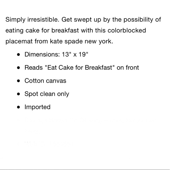 KATE SPADE Eat Cake For Breakfast Placemat - Picture 2 of 3